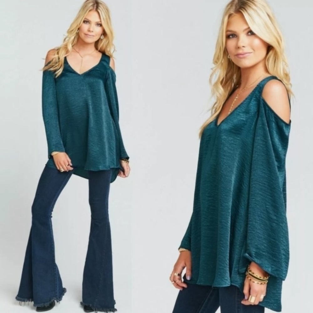 Show Me Your MuMu Satinr Boho Tunic Green Emerald Bell Sleeve Top XS